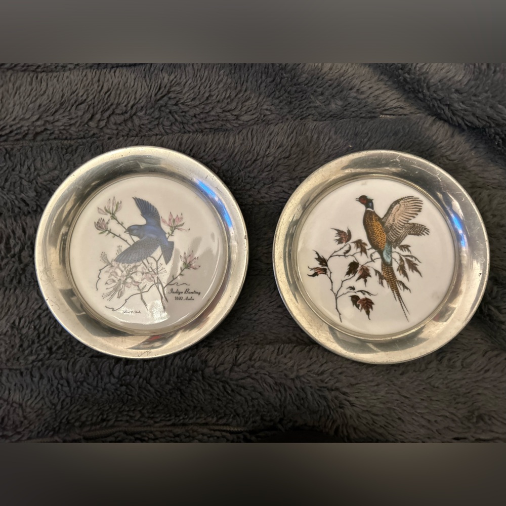 Vintage Reed & Barton Ceramic set Pewter Hand Colored coaster Plate 5 1/4"
